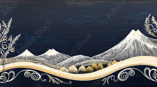 Ornate mountain landscape with decorative waves and foliage, elegant and serene