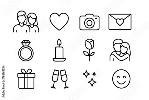 Love Icons Grid. Love story. Line outline icon set of love story: couple, heart, camera, letter, ring, candle,