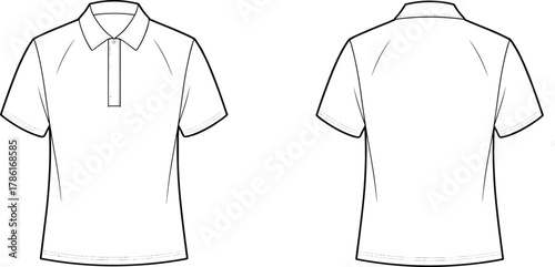 Technical flat sketch, polo shirt front and back, short sleeve design, fashion illustration, garment template, apparel drawing, clothing blueprint