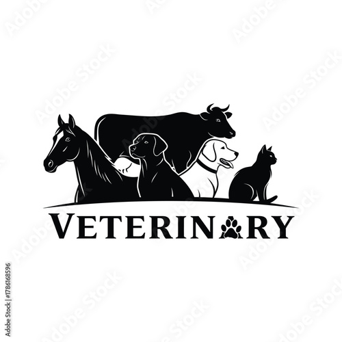 Veterinary logo featuring a horse cow two dogs and a cat with the word veterinary