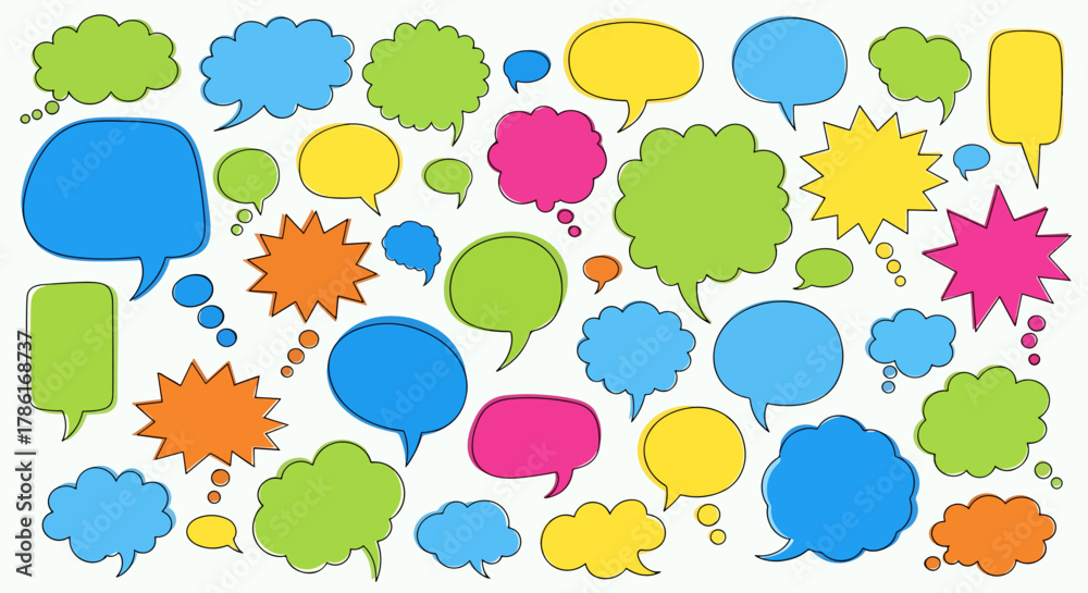 Fototapeta premium Collection of colorful hand-drawn speech bubbles and thought clouds in various shapes and sizes, vector illustration