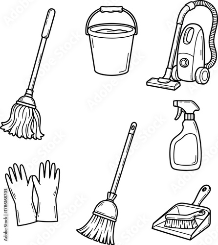 Collection of Cleaning Tools Including Mop, Broom, Bucket, Vacuum Cleaner, Gloves, and Spray Bottle for Household Chores
