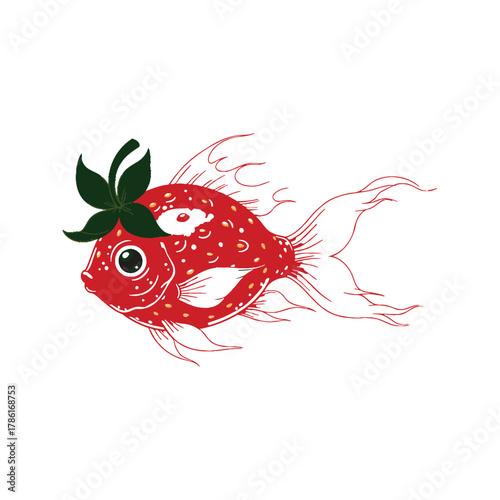 Whimsical strawberry fish with delicate fins and a green stem crown swims gracefully