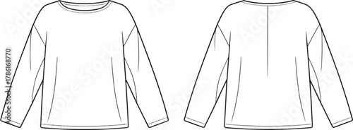 Long sleeve top, fashion flat sketch, CAD drawing, vector illustration, round neckline, dropped shoulder, relaxed fit, front and back view