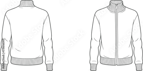 Zip up sweater front and back view, ribbed collar and cuffs, fashion flat sketch, apparel vector design template for menswear