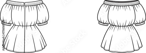 Off shoulder dress front view, puff sleeves, gathered waist, pleated hemline, fashion flat sketch, apparel vector design template