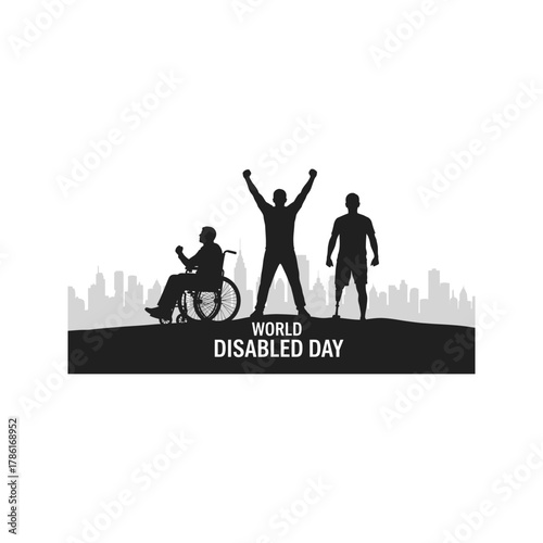 World disabled day celebration with silhouettes of people in wheelchair and with prosthetic leg raising arms