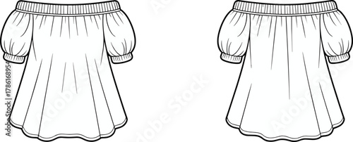 Off shoulder dress front view, puff sleeves, flared hem, elastic neckline detail, fashion flat sketch, apparel vector template