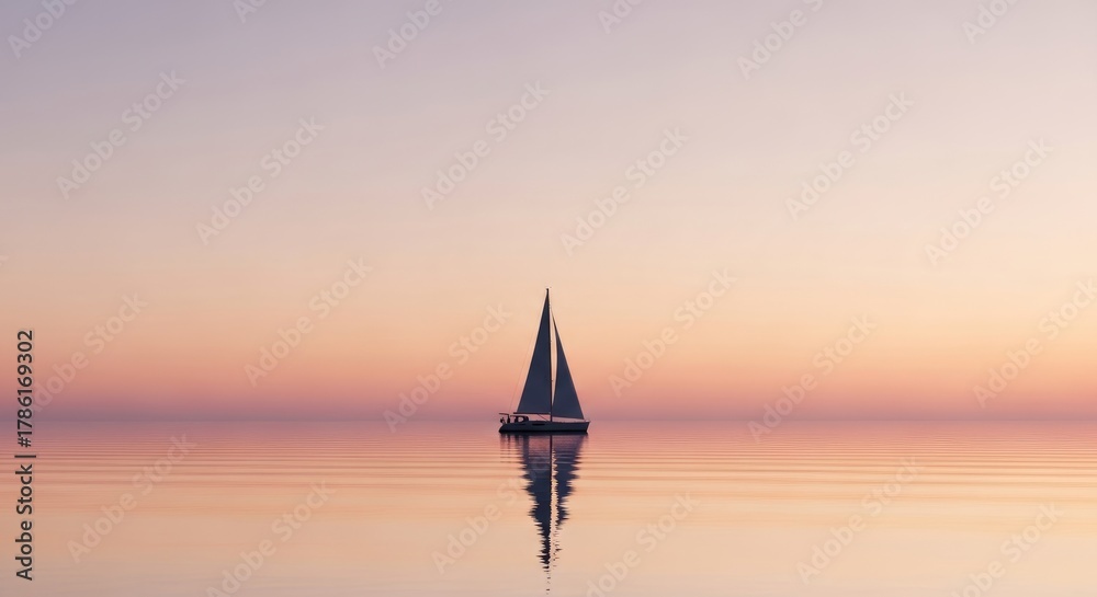 Fototapeta premium Lone Sailboat on Calm Water at Serene Sunset with Beautiful Reflection