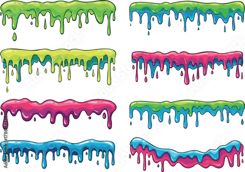 Create Slime borders. Colorful dripping jelly, liquid mucus, green and yellow, pink and blue toxic ooze, Halloween spooky decoration. Cartoon slimy goo. Vector isolated set with white background.