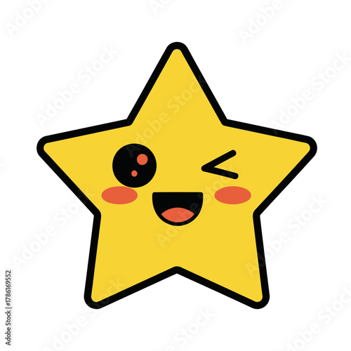 Cute yellow star character winking and smiling isolated on white background silhouette