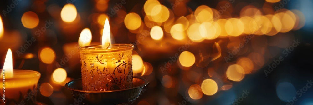 Obraz premium Warm glow of candlelight for orthodox christmas celebration. Horizontal banner. Copy space. Free space for text. Burning candles in Orthodox churh