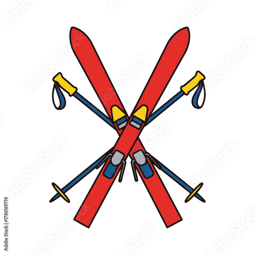 Red skis and poles crossed silhouette isolated on white background