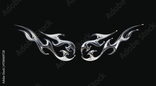 3D chrome metal Y2K tribal sigilism tattoo, gothic cyber-sigil liquid-mercury flame, metallic melted burn form; abstract neo-tribal design element, glossy steel, futuristic 3D illustration.