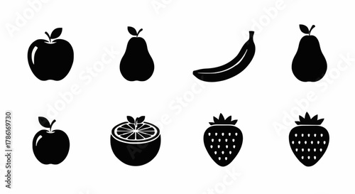 Black and White Fruit Icons Apple, Pear, Banana, and Strawberry Variations in Minimalist Design