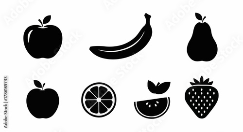 Collection of Fresh Fruit Icons Apple, Banana, Pear, Orange, Watermelon, and Strawberry Silhouettes