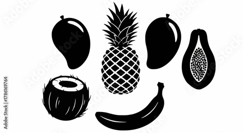 A collection of tropical fruits including a banana, coconut, mango, papaya, and pineapple, presented in a simple silhouette style