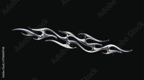 3D chrome metal Y2K tribal sigilism tattoo, gothic cyber-sigil liquid-mercury flame, metallic melted burn form; abstract neo-tribal design element, glossy steel, futuristic 3D illustration.