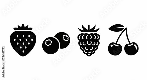 Collection of Fresh Berries Strawberry, Blueberry, Raspberry, and Cherry Icons