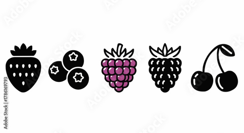 Set of Five Delicious Berry Icons Strawberry, Blueberry, Raspberry, Blackberry, and Cherry, Perfect for Food and Health Designs