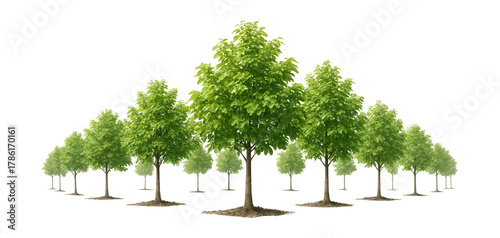 Newly planted tree line featuring evenly spaced young trees on a restored area.