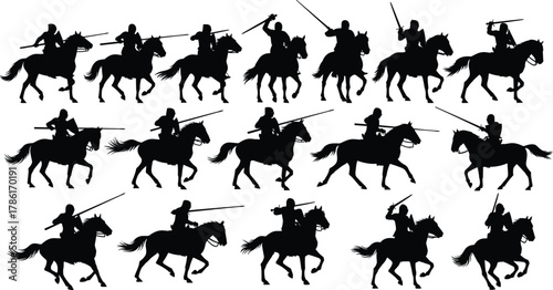 Mounted warrior silhouette, medieval cavalry illustration, black and white combat pose, horse rider with weapon, fantasy battle, historical design