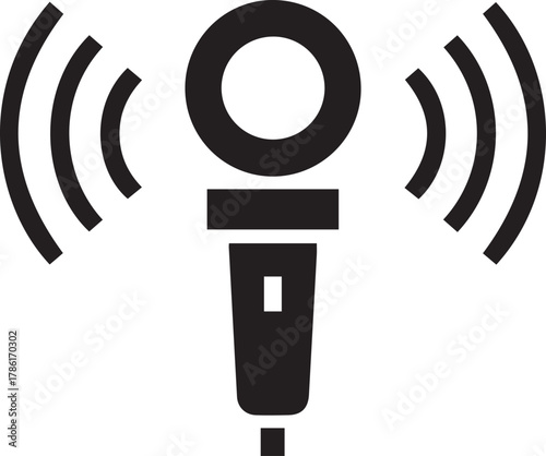 Microphone icon with sound waves, audio voice recognition, recording voice message sign, speech podcast mic symbol white background.