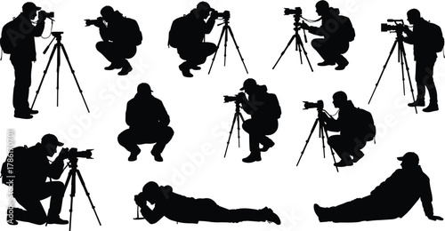 Photographer silhouette, tripod camera, outdoor shooting, field photography, backpack gear, camera poses, kneeling photographer, standing shot, crouching stance, mobile setup