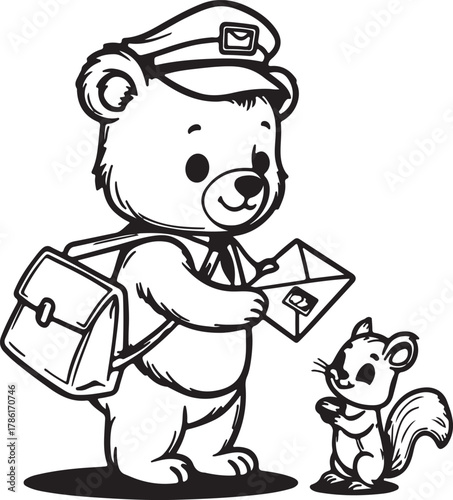 Whimsical Bear Mail Carrier Delivering Heart Letter to Squirrel – Cute Animal Cartoon Illustration