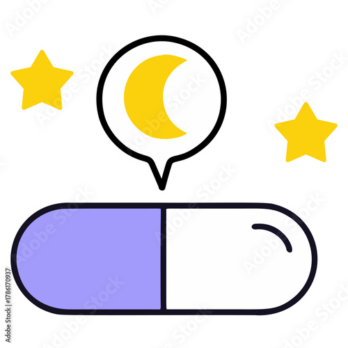 Minimalist illustration of a melatonin capsule with a crescent moon and stars, symbolizing sleep and nighttime rest