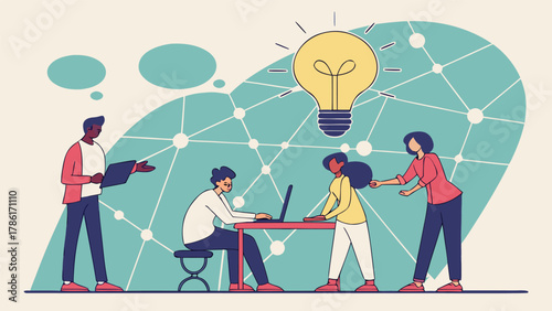 Diverse team collaborates on innovative project, sparking bright ideas with a glowing lightbulb symbolizing creativity and success