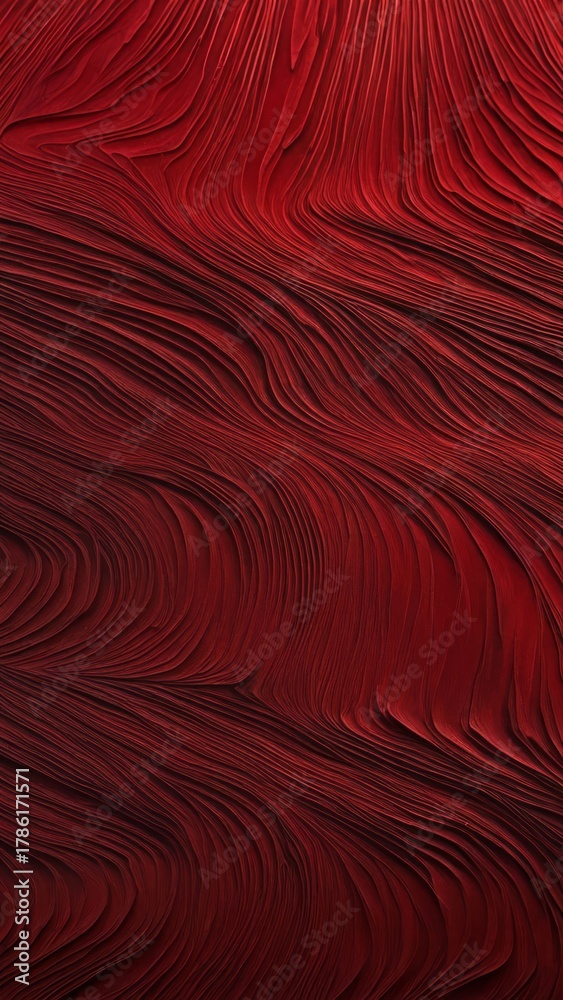 Fototapeta premium Red abstract textured surface with wavy layered lines and folds resembling wood grain, background for design and decoration.