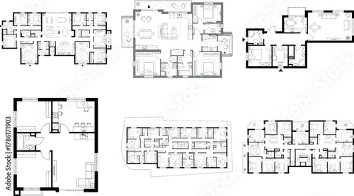 Set of six diverse architectural floor plan designs