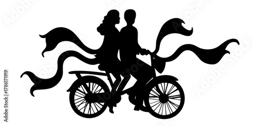 Silhouette couple riding a tandem bicycle with flowing ribbons, romantic escape, joyful adventure, perfect for wedding invitations, anniversary cards, or love-themed designs
