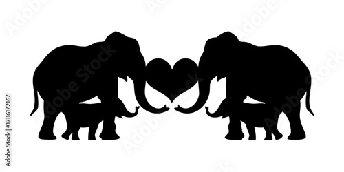Elegant elephant family silhouette forming a heart shape, a symbol of love and togetherness, perfect for heartwarming designs and family-focused themes