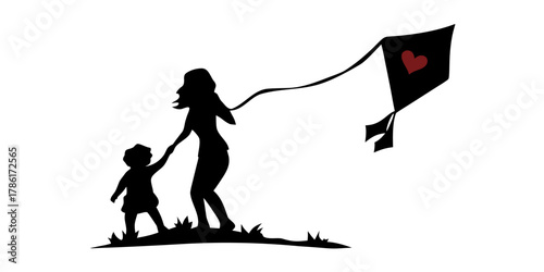 Silhouette of a mother and child flying a kite with a heart, celebrating family love and togetherness, perfect for heartwarming designs and family-themed projects