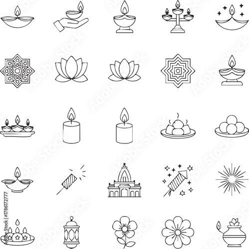 Diwali Festival Line Icons Set. Indian Culture and Celebration Outline Symbols (Diya Lamp, Lotus Flower, Temple, Mandala, Firecracker, Candles, Sweets).