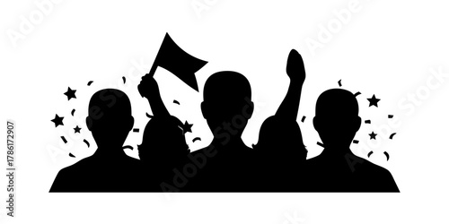 Silhouetted crowd celebrates victory with flag and confetti, embodying unity and achievement, perfect for election campaigns and sports events visuals
