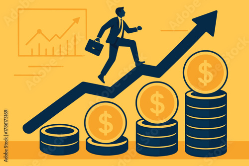 Silhouette of businessman climbing upward arrow graph with stacks of gold coins symbolizing financial growth and success
