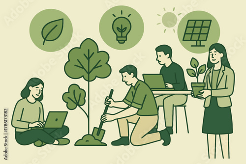 Diverse team collaborates on sustainable business initiatives with eco friendly symbols and nature elements