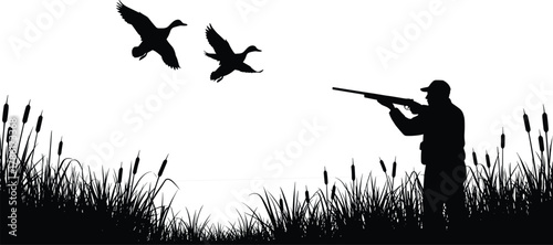 Silhouette of hunter aiming shotgun at ducks, outdoor hunting scene, marsh grass, flying birds, nature, wildlife, sport, action, adventure