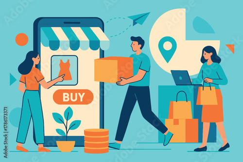 Online shopping and delivery concept with people interacting with a giant smartphone and packages