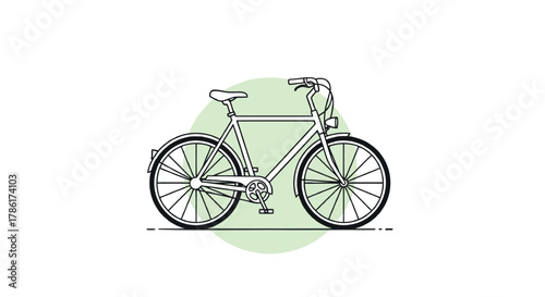 Minimalist line art illustration of a classic bicycle with a light green circle background and white space