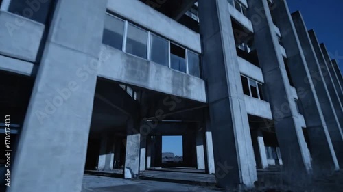 Wallpaper Mural Low angle perspective of a stark, abandoned concrete building with a moody, blue ambiance. Torontodigital.ca