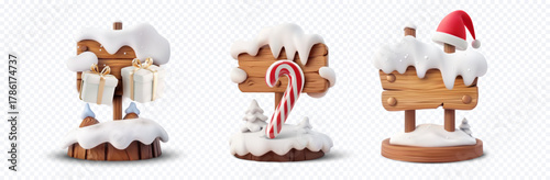 Set of 3D snowy wooden Christmas signs with gifts, candy cane and Santa hat, blank boards isolated on transparent background