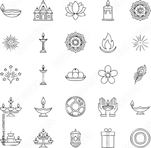 Diwali Festival Line Icons Set. Indian Culture and Tradition Outline Symbols (Diya Lamp, Lotus, Temple, Mandala, Firecracker, Sweets, Gift).