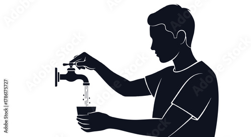 Silhouette of a person turning on a faucet to fill a cup with clean drinking water in a simple graphic illustration