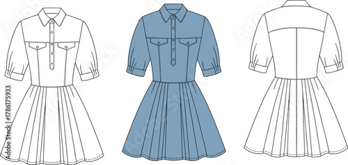 Collared button-down dress, technical flat sketch, chest pockets, waistband, pleated skirt, cuffed sleeves, fashion illustration, garment design, apparel template
