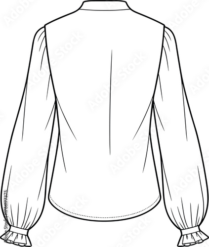 Cad drawing flat vector illustration, women’s blouse back view, fashion technical sketch, ruffle cuff sleeve, curved hem design