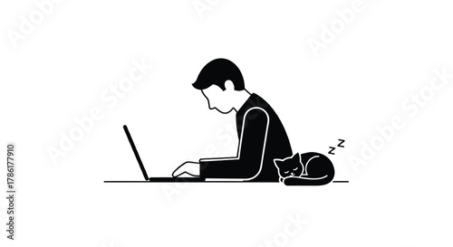 Silhouette of a person working on a laptop with a sleeping cat curled up beside them on a desk